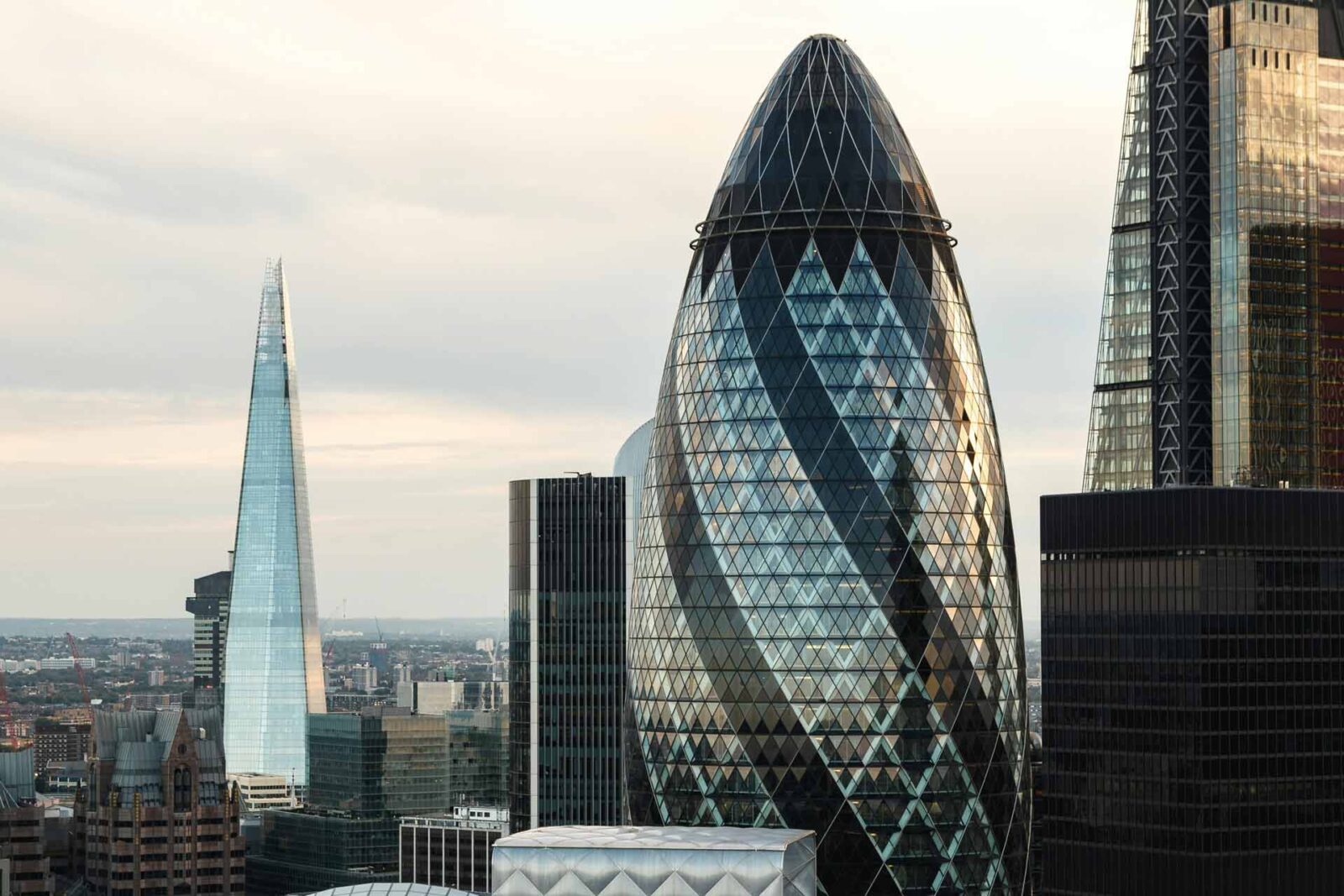 Shot of London skyline with Gherkin in foreground and The Shard in the background