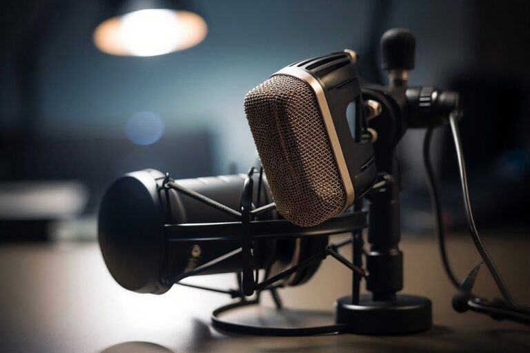 Close up of podcast microphone on desk with blurred background