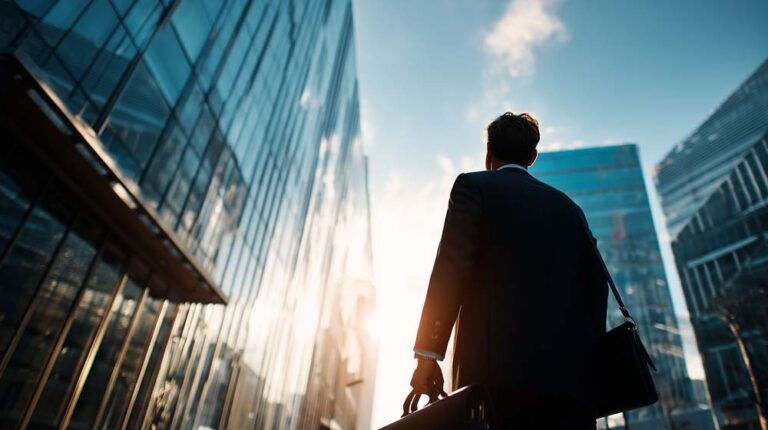 Confident Businessman in Suit Walking Through Modern Cityscape