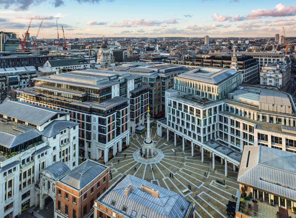 Aerial view of London Stock Exchange in Paternoster Square London